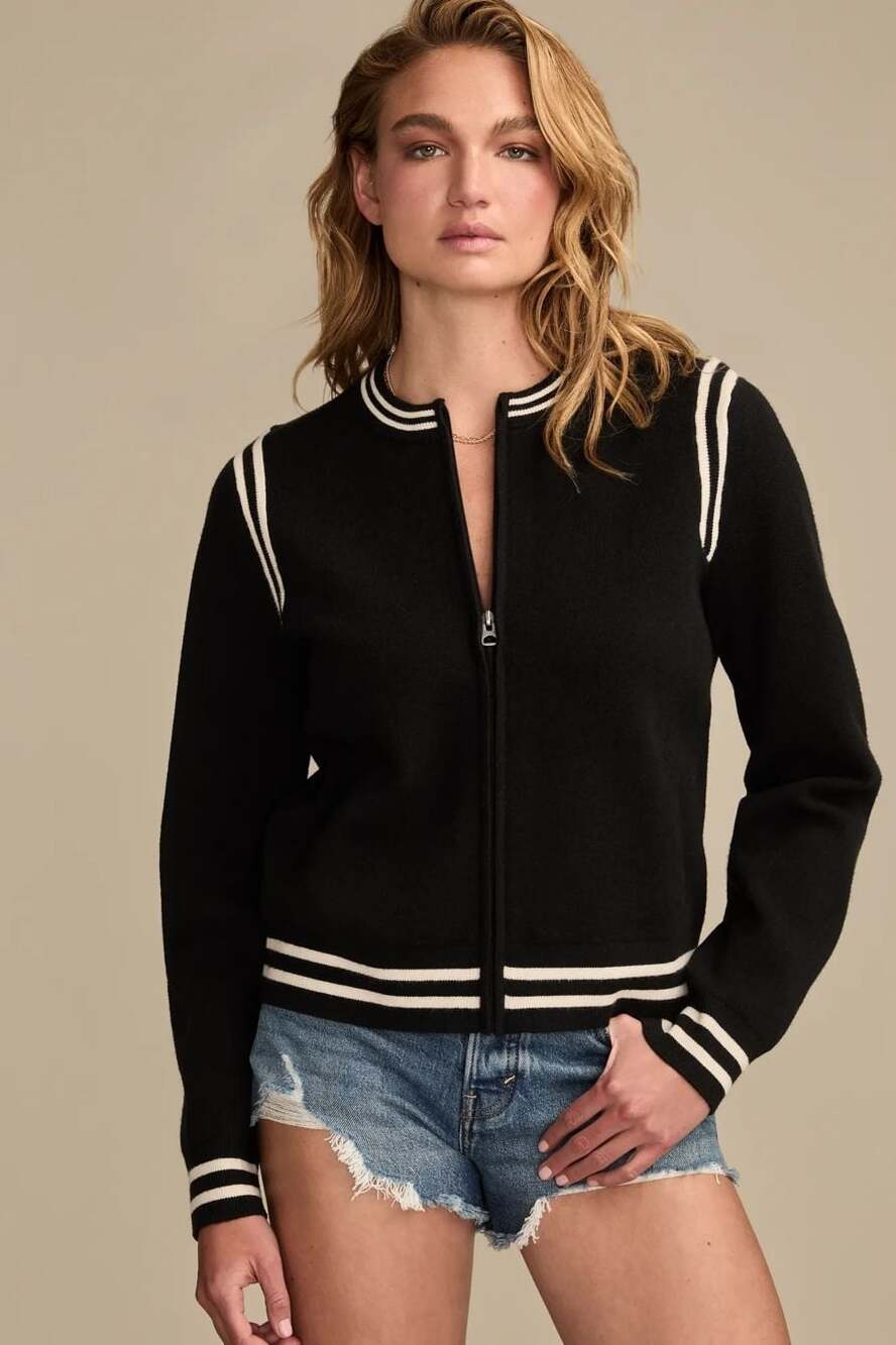Lucky Brand Caviar Black Stripe Trim Full Zip Bomber Sweater Jacket NWT MEDIUM